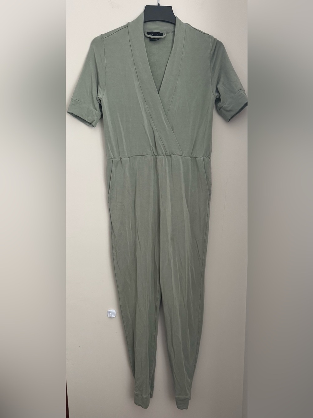 Hatch Sage Green Short Sleeve Wrap Jumpsuit